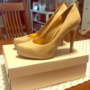 BCBG Nude Sandalwood Snake Leather Pumps